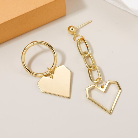 Mismatch Heart Rectangle Chain Gold Tone Dangle Earrings - Picture 1 of 5